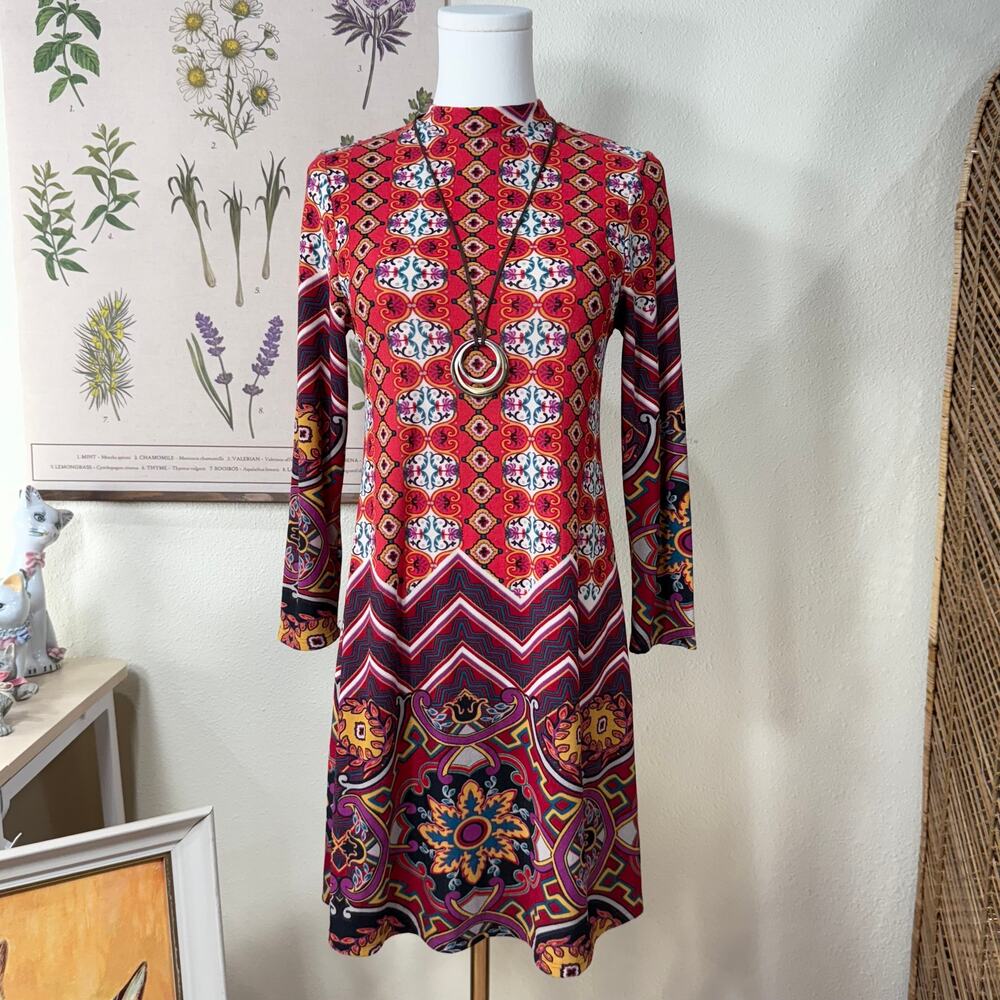 Vintage 90s Y2k Print Long Sleeve Mini Dress Retro Mod Whimsy Twee Boho Hippie S